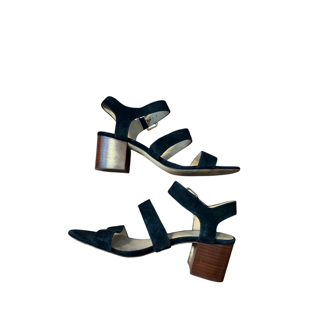 J.Crew Sandals Block Heel Strappy Black Suede Gold Buckle 8.5 Minimalist Classic